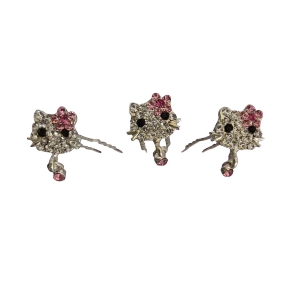 🔵 NWT Kawaii Crystal Cat Hair Pins Set of 3 Approx 2.5" Long